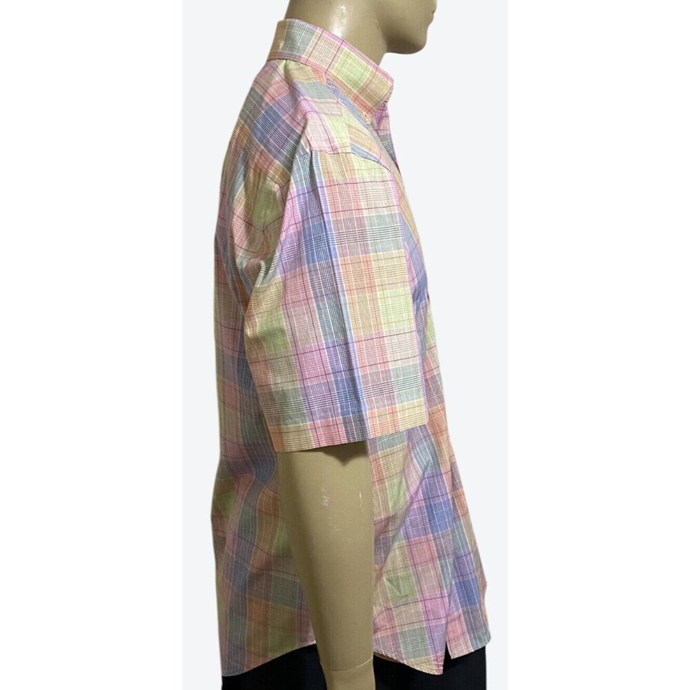 Peter Millar Men's Medium Short Sleeve Button Front Plaid Shirt Pink Yellow Blue - Picture 4 of 11
